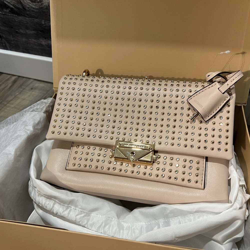 Michael Kors Cece Medium Studded Shoulder Bag | Studded Beige Designer Handbag